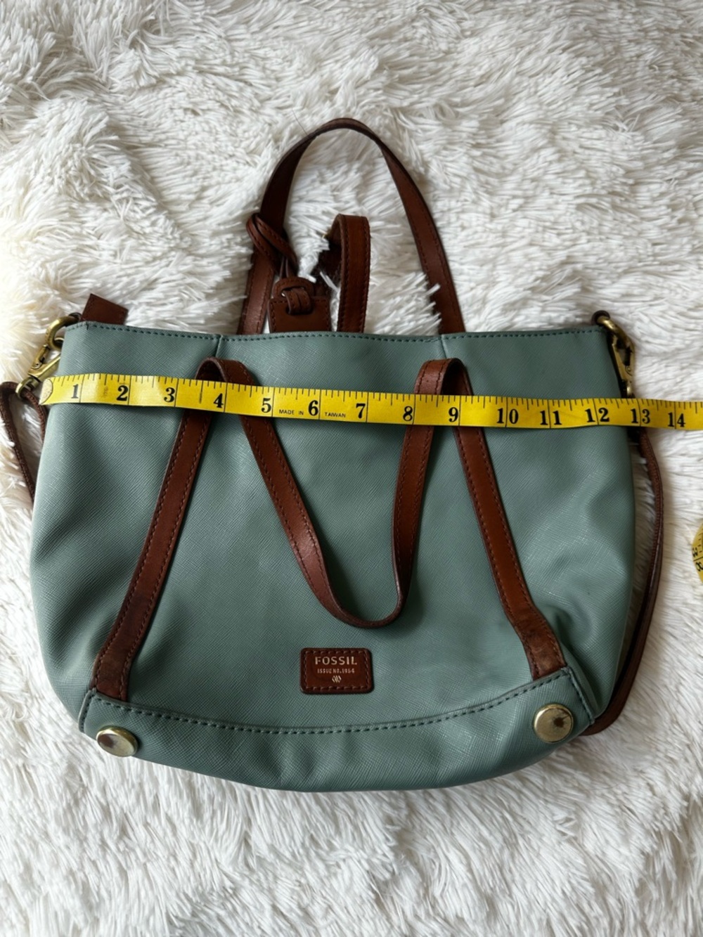 Fossil Sage Green Crossbody Shoulder Tote Bag Brown Leather Trim Everyday Purse - Picture 11 of 13